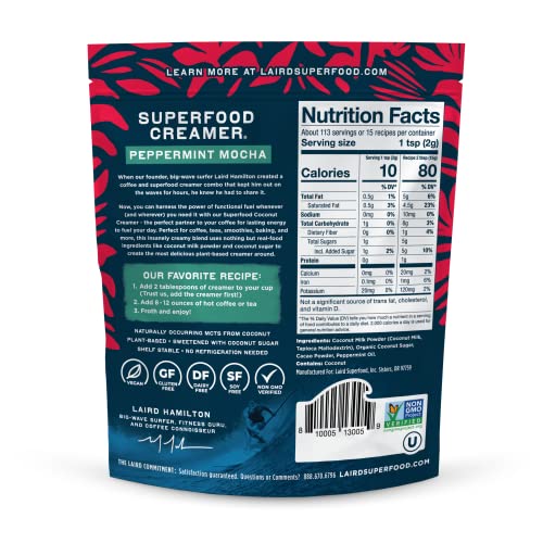 Image of Laird Superfood Non-Dairy Original Superfood Peppermint Mocha Coconut Powder Coffee Creamer, Gluten Free, Non-GMO, Vegan, 8 oz. Bag, Pack of 1