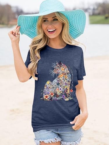 Lotucy Cat Lady Shirts For Women Cut Cat Floral Printed Shirts Cat Mom T-Shirt Casual Short Sleeve Tops Dark Blue thumb #1