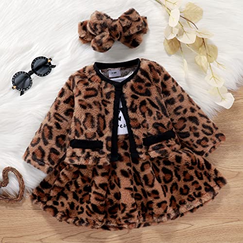 Infant Toddler Baby Girl Clothes Fall Winter Long Sleeve Dress And Jacket Coat Leopard Print Velvet Outfits Headband 3Pcs (Brown, 6-9 Months) #TOP5