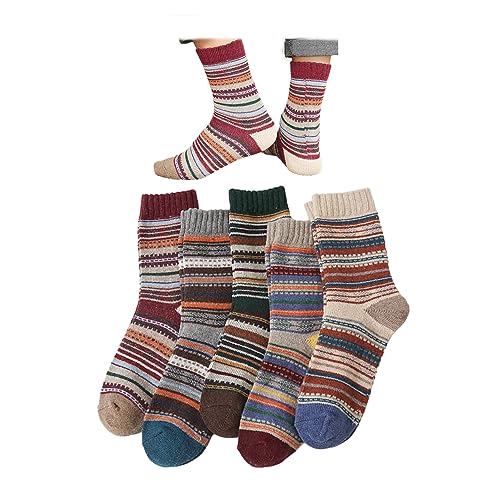 5-Pairs Vintage Knitting Stripe Reindeer Wave Pattern Women’s Fluffy Cute Crew Socks Warm Soft Cotton Calf Socks
