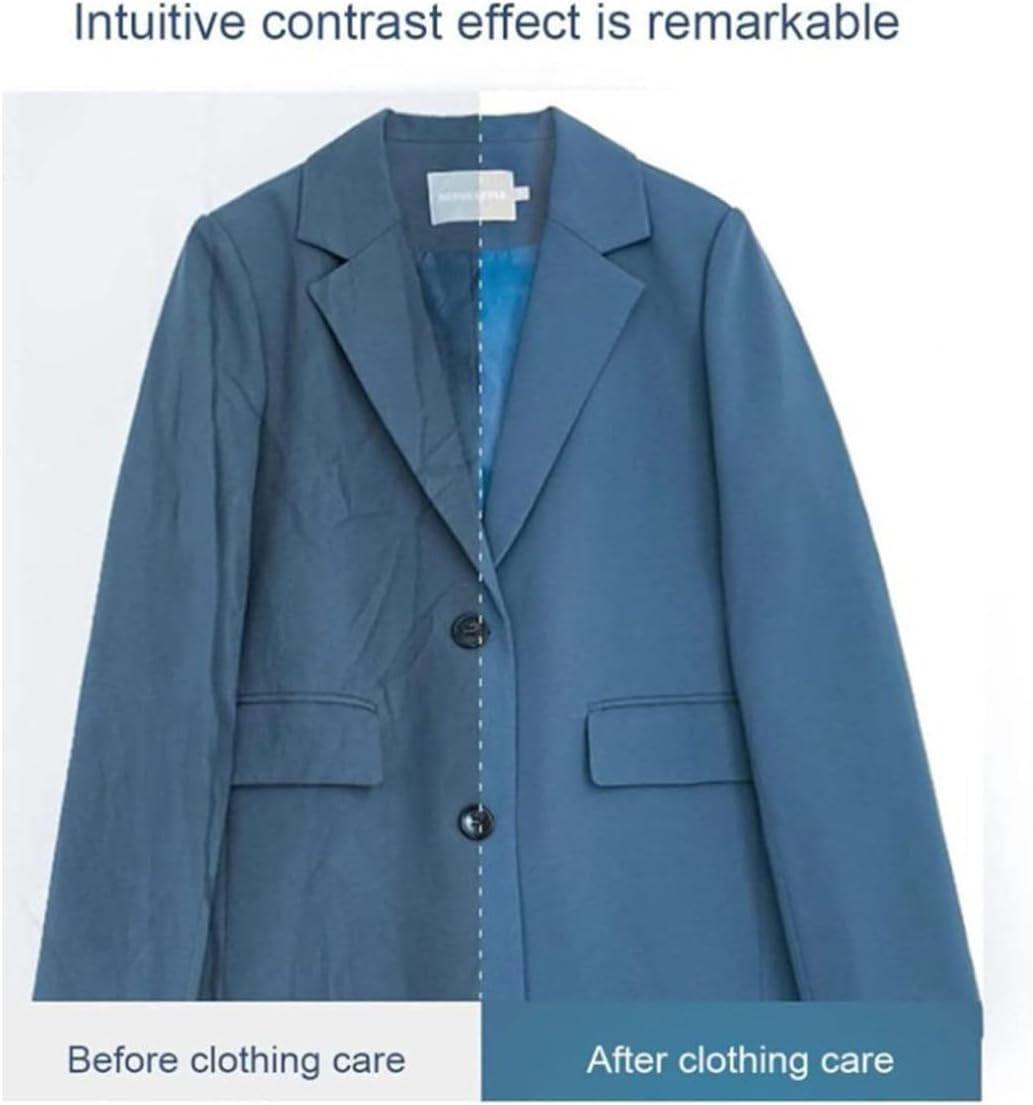 Before and after comparison of a wrinkled jacket and a smoothed jacket, demonstrating the effectiveness of the JYXYXSCP Automatic Cordless Vertical Steam Iron and Clothes Dryer.