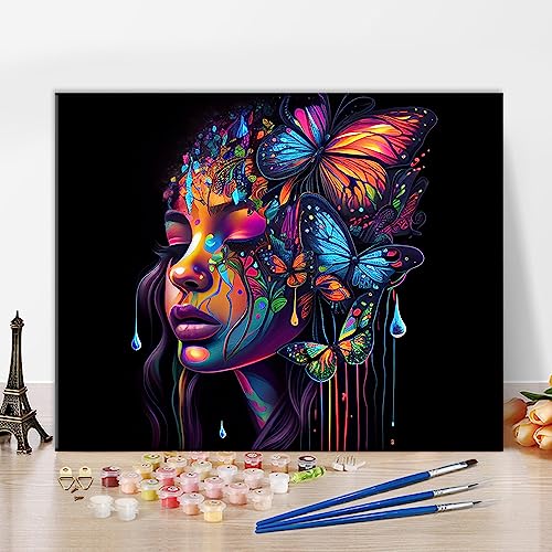 TISHIRON Peinture par Numéros DIY Fille Colorée pour Adultes et Enfants - Kit Acrylique sur Toile avec Pinceaux - Noir Fille - Artisanat 40x50cm (Encadré)