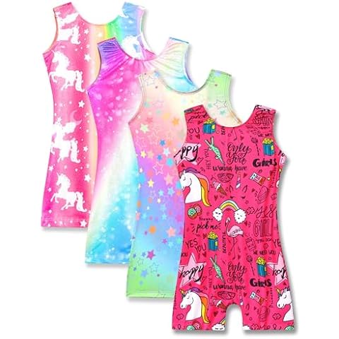 Nymphperi 4 Packs Gymnastics Leotard for Girls Size 6Y 7Y Sparkle Biketards with Shorts Kids Sleeveless Unitard One-Piece Dancewear Cover