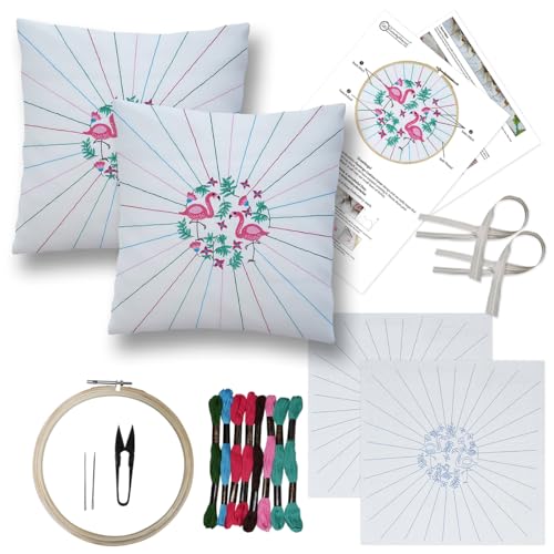 Image of Embroiderymaterial DIY Embroidery Cushion Cover Embroidery Kit for Beginners with Pink Flamingo Design Cross Stitch Decorative Pillow Covers, Hand Embroidery Craft Kit for Home Decor (2PC, 16x16)