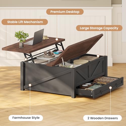 Itaar Wooden Coffee Table, Lift Top Coffee Table with Storage, Square Coffee Tables with Drawers and Hidden Compartment, Center Table for Living Room, Home Office, Black - Thumbnail 3