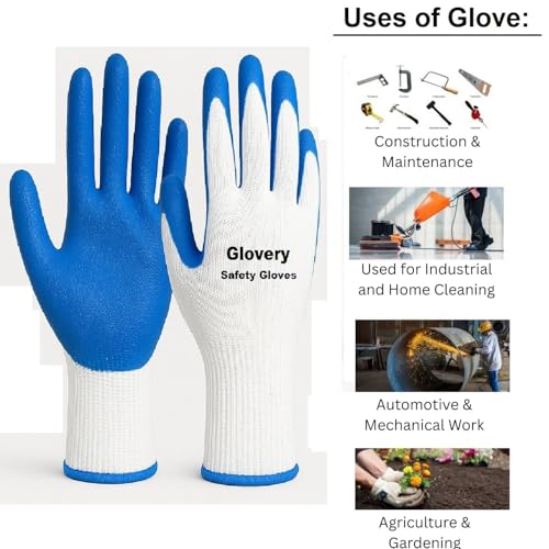 Image of Nylon Safety Work Gloves with Nitrile Coating - Industrial-Grade Protection for Cleaning, Warehouse, Mechanics, Construction - Durable, Flexible, Non-Slip Grip (White & Blue, 10 Pair)