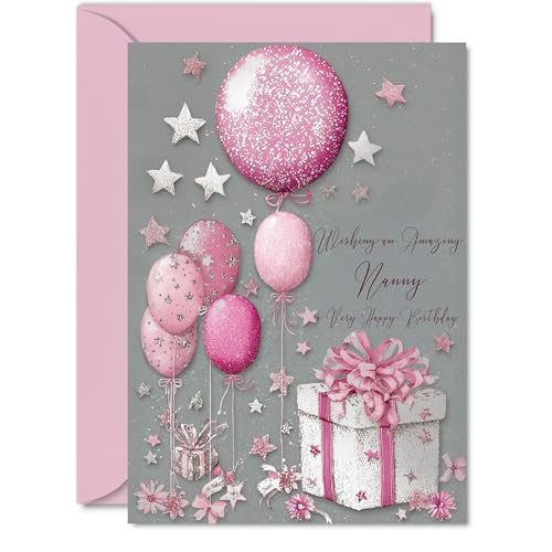 Carte d'anniversaire Nanny argent - rose et cadeaux argent A5