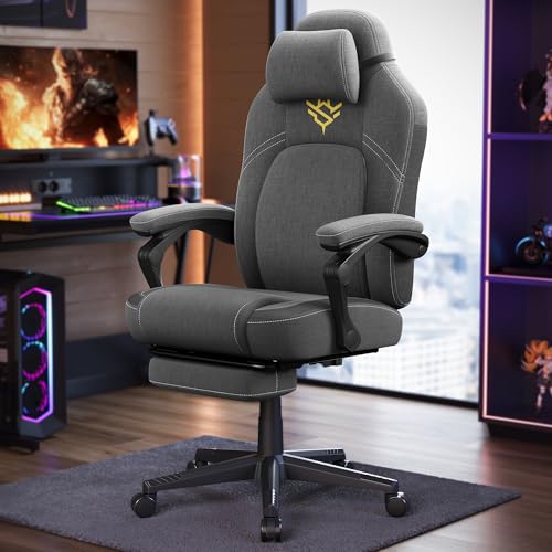 SONGMICS HOME Krzesło do gier, ergonomiczne krzesło komputerowe z podnóżkiem, krzesło biurowe, krzesło obrotowe z poduszką, mieszanka bawełny i lnu, regulacja wysokości, gołębi szary OBG072G01