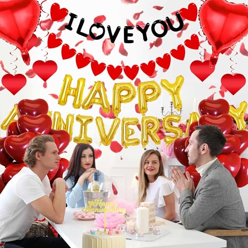 Happy Anniversary Banner Wedding Decorations - 547 Pcs Including Banners Hanging Swirls Cake Topper Artificial Rose Petals Love Balloons for Red Wedding Anniversary Decoration Supplies - Image 4