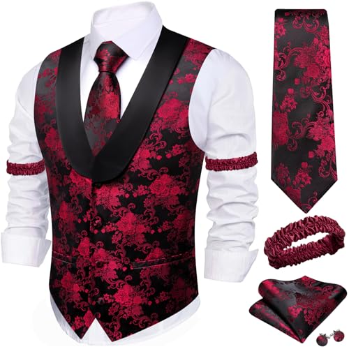 Image of Barry.Wang Mens Silk Lapel /Shawl Collar Vest Tie Sleeve Holder Set Formal /Casual Paisley Vests Wedding Tuxedo Waistcoat