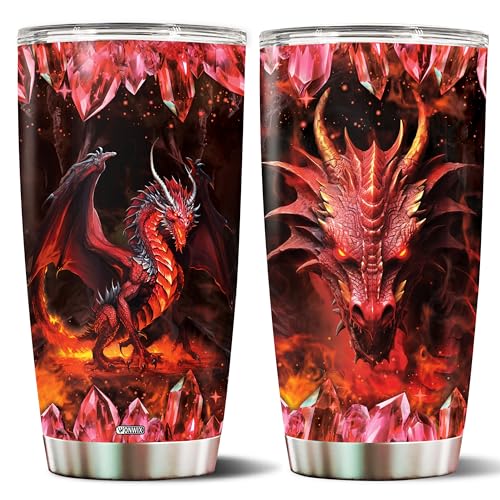 WONWIX Vaso de dragón rojo para hombres y mujeres, taza de café de acero inoxidable aislado con tapa, botella de agua, taza de viaje, regalo de dragones, amante, marido, papá, hijo, Navidad,