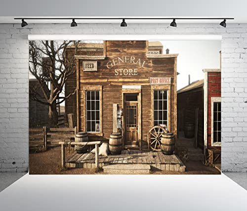 BELECO 9x6FT Fabric Western General Store Photography Backdrop Old Western Town Post Office Barrel Wagon Wheel Background for Cowboy Theme Party Decorations Kids Boys Adults Photo Shoot Studio Props