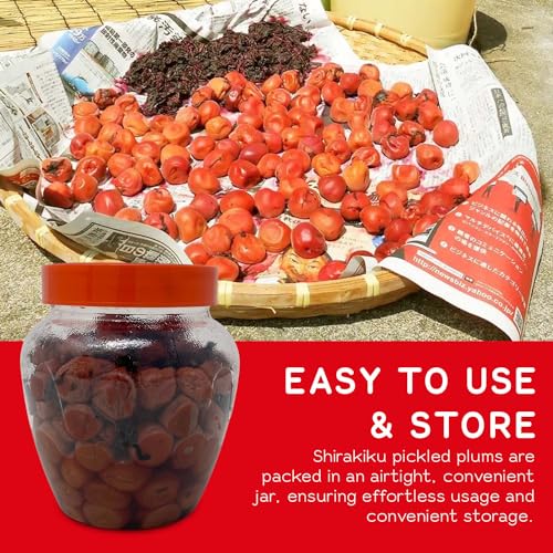 Shirakiku Salted Plums Shiso Ume PET | Japanese Umeboshi Plums for Vinaigrettes, Noodles, Sandwiches, & Rice Balls | High Fructose Syrup, Seasoned Perilla | Pack in 2.2lbs Jar
