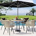 YITAHOME 5-Piece Outdoor Dining Set with Umbralle Hole, Rattan Patio Dinging Set for 4 with Cup Holders Soft Cushions and Glass Top Dining Table for Backyard Deck Bacony (Light Brown + Black)