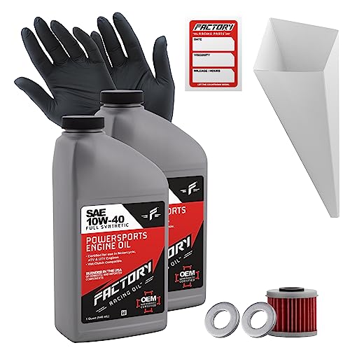 Factory Racing Parts Oil Change Kit compatible with Honda CRF150R, CRF250R/X, CRF450R/X – Includes 2 Quarts of 10W-40 Full Synthetic Oil, 1 Filter, 2 Crush Washers, 1 Funnel, 1 Oil Change Sticker