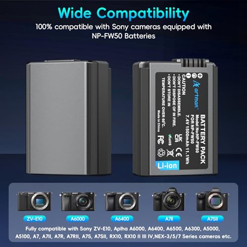 Image of Artman NP-FW50 Battery 2-Pack 1500mAh & 2-Slot LCD Charger for Sony ZV-E10