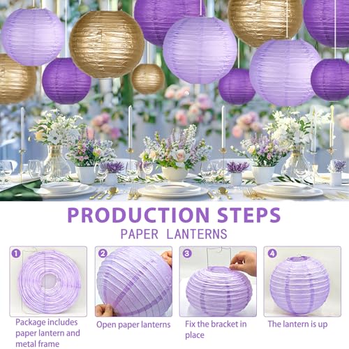 Image of 15-Pack Purple Gold Paper Lanterns, Rapunzel Birthday Decorations | 6, 8 & 10-Inch Round Hanging Set with Wire Frames for Baby Showers, Weddings, Graduations, Mermaid Themes & Ceiling Displays