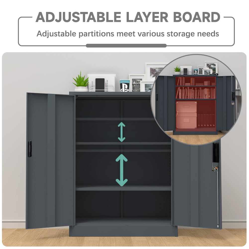 Metallschrank absperrbar mit 2 verstellbaren Regalen (90x80x40cm) - Stahlschrank für Büro, Garage & Haushalt | 50kg Tragkraft pro Regal (Dunkelgrau, 90x80x40cm)