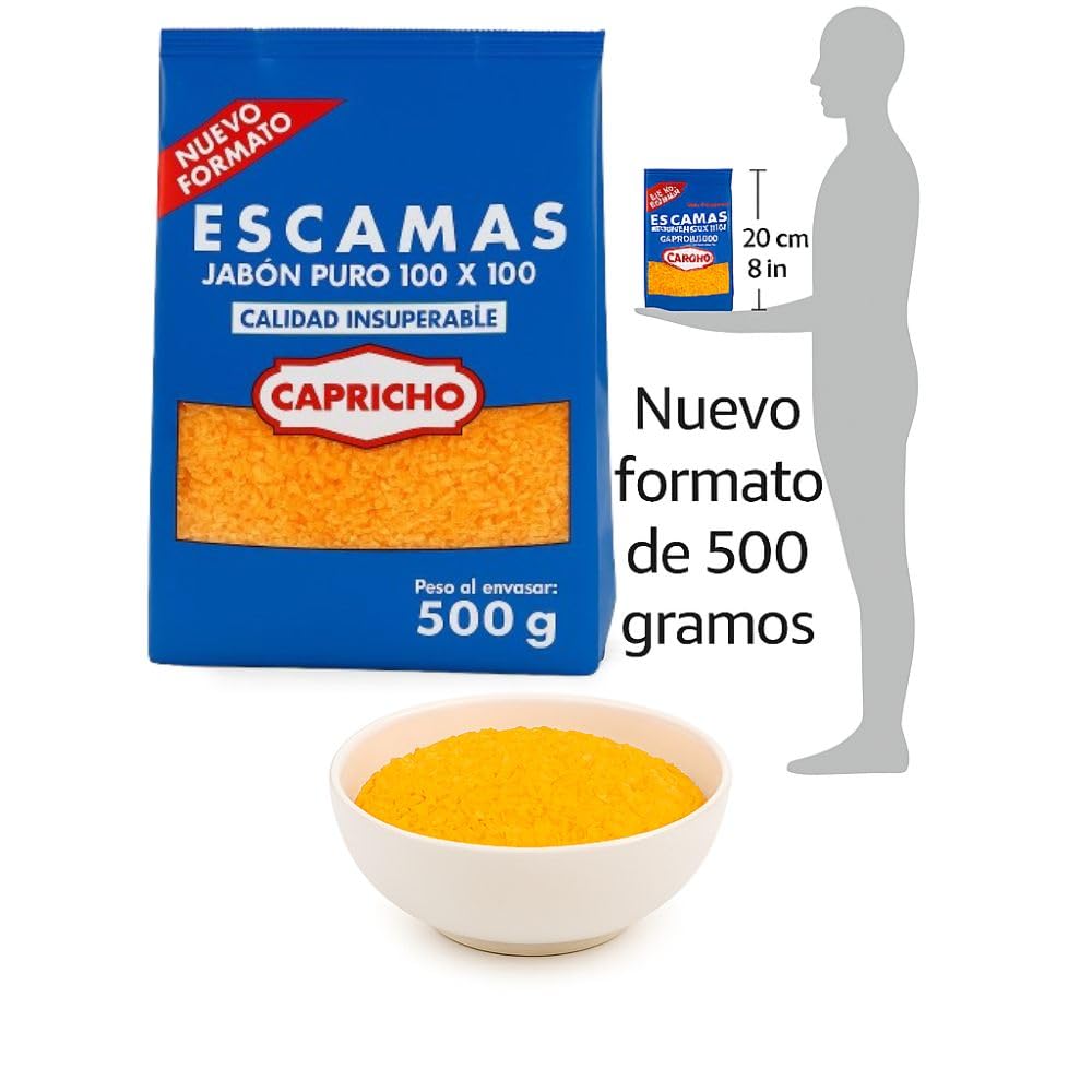 Capricho Escamas de Jabón Natural 100 % Puro 500 g, Jabón en Escamas para Ropa, Suelos y Loza, Uso Doméstico a Mano y en Lavadora