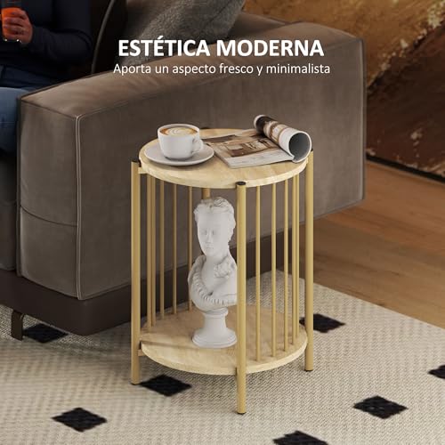 HOMCOM Mesa Auxiliar Redonda de 2 Niveles Mesita Auxiliar Moderno con Estante de Almacenaje y Estructura de Acero para Salón Dormitorio Ø41x49 cm Natural - imagen 4
