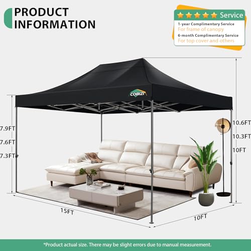 Image of COBIZI 10x15 Heavy Duty Pop Up Canopy Tent with 4 Sidewalls, Black