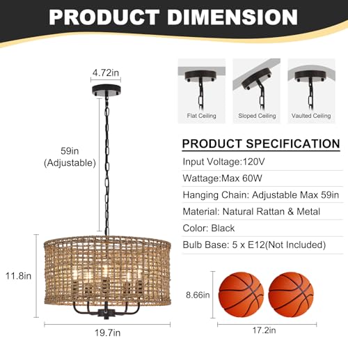 Image of 19.7 inch Black Rattan Chandelier, 5-Light Boho Wicker Light Fixture | Hand-Woven Rattan Pendant Light; Adjustable Height; Farmhouse Basket Drum Chandeliers for Dining Room, Kitchen, Bedroom, E12