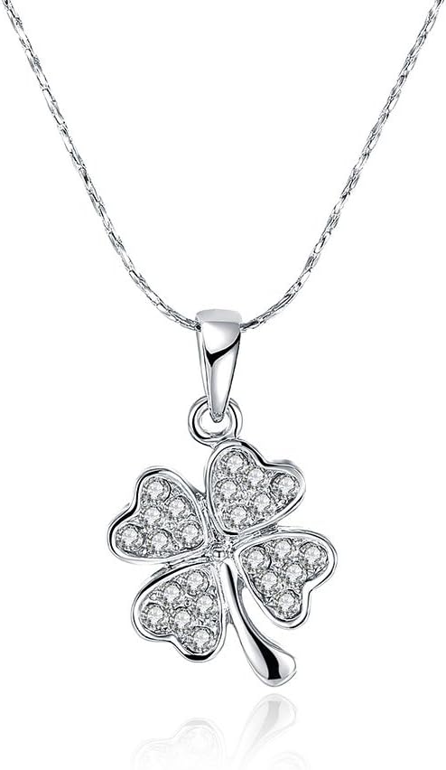 NABTYJC Sterling Silver Four Leaf Clover Heart-shaped Swarovski Crystal Pendant Necklace,18" with 2" Extender