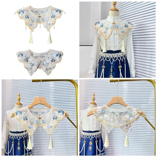 Chinese Embroidered Flower Organza Shawl Wrap Pearl Tassels Yunjian Cloud Shoulder False Collar Scarf for Dresses2