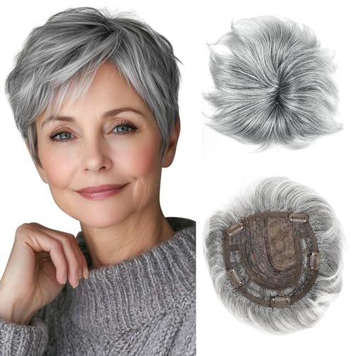 QUEENTAS Short Hair Topper for Women with Bangs 6.5'*6' Fluffy Hair Pieces Breathable Heat Resistant Synthetic Hair for Daily Wear 360°3D Cover Up (Black Mixed Grey)