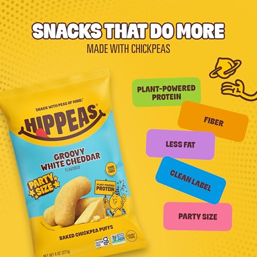 Image of HIPPEAS Chickpea Puffs, Groovy White Cheddar, Gluten Free Snacks, Dairy Free, Vegan, 8oz Bag, 3g Protein, 2g Fiber, Crunchy, Nutritious, Baked Plant Protein Snack, Non-GMO, Kosher