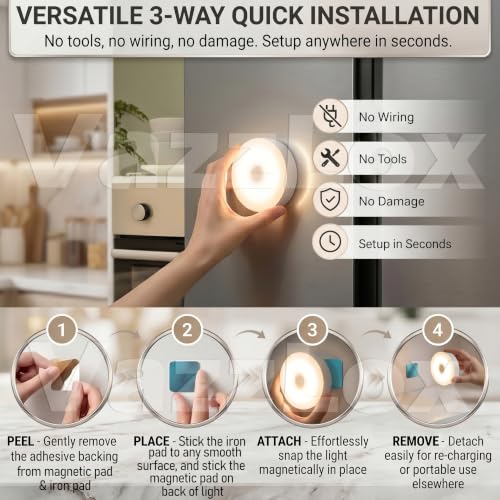 Image of VazzLox Motion Sensor LED Light (Warm | Pack of 4) Wireless USB Rechargeable Self-Adhesive Motion Sensor Light for Home Indoor Auto On /Off Cabinet Light Wardrobe Lights with Sensor Stairs Night Light