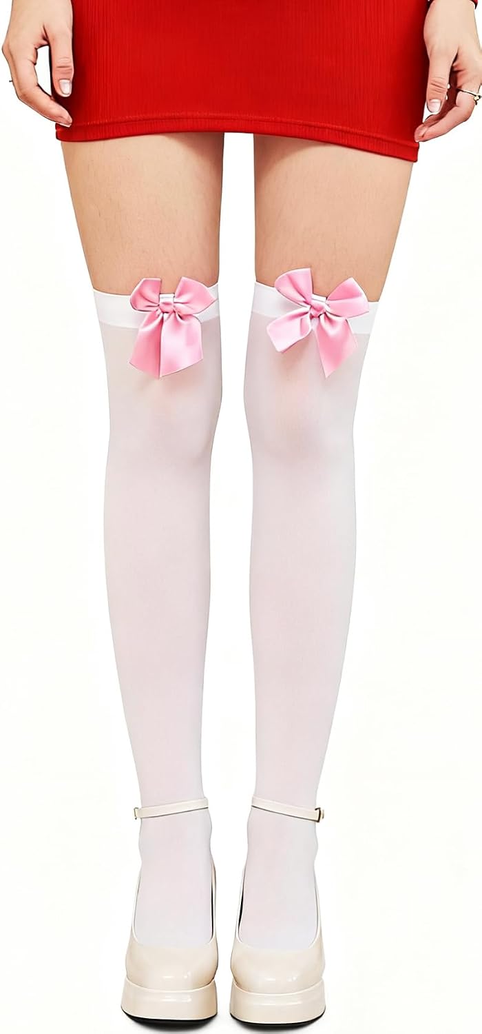 Thigh High Stockings for Women, Satin Bow Stockings for Halloween, Christmas, New Year's Eve, and Valentine's Day