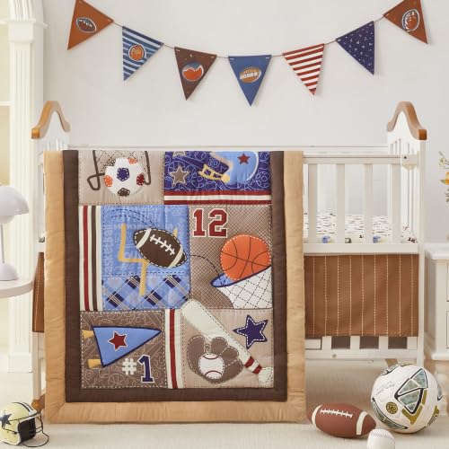 Image of Wowelife Sports Crib Bedding Set for Boys, Premium 3-Piece Baby Bedding Set Brown Football Basketball Rugby Crib Bed Set Baseball Soft with Crib Comforter, Sheet & Crib Skirt, Brown