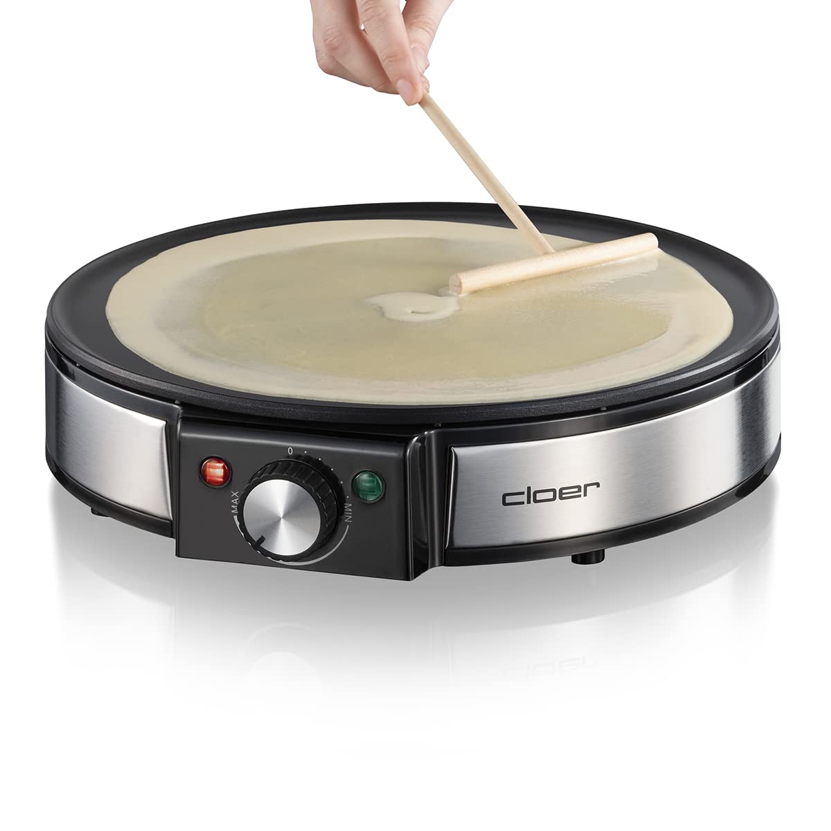 Cloer 6630 Naleśnikarka na słodkie lub słone naleśniki o średnicy 30 cm Ø, 1200 W, Powłoka nieprzywierająca, w zestawie Crêpes Turner i Rozrzutnik ciasta, czarny