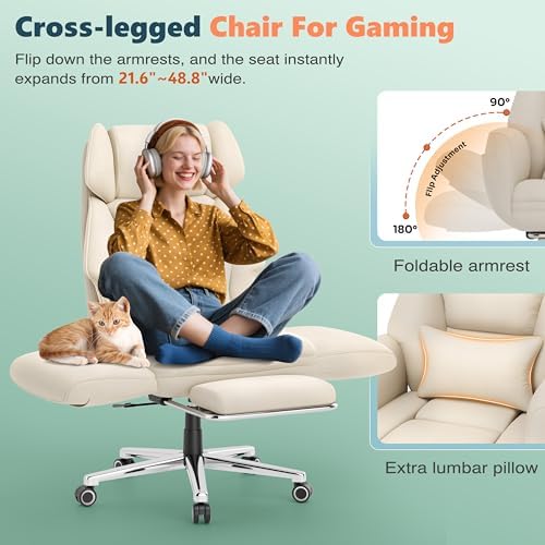 GABRYLLY Office Criss Cross Chair with Footrest, Big and Tall Executive Chair with Wide Seat,Reversible Armrest,Wheels, Lumbar Pillow and 120°Tilt,Computer Desk Chair for Gaming,Meditation,Ivory - Thumbnail 3