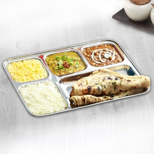 Image of Parage 2 Pieces Stainless Steel 5- Compartment Thali Set /Dinnerware /Dinner Plate Set / 5 in 1 Partition Plates /Kitchenware for Home, Restaurants, Family Use, Bhojan Thali (Silver)