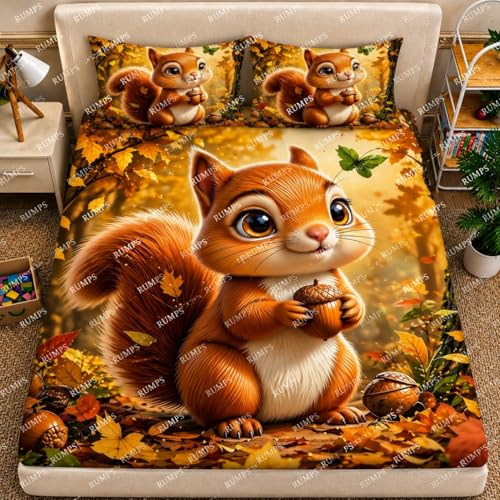 Image of RUMPS 7D Digital Cute Squirrel Kids Bedsheet with 2 Pillow Covers, King Size Flat Bedsheet 90x100 Inch, Cartoon Animal Printed Bedsheet