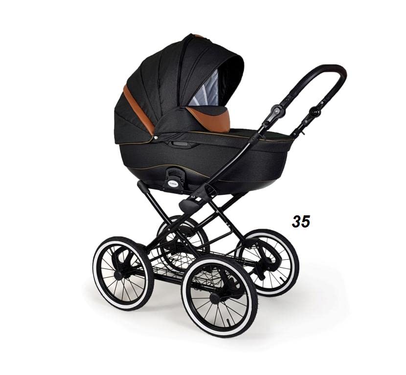 Kinderwagen DESIGN Retro Stil 3in1 Kinderwagenwanne mit Sportwagenaufsatzes XXL Zubehör inkl. ab Geburt NEU Schwarz R35