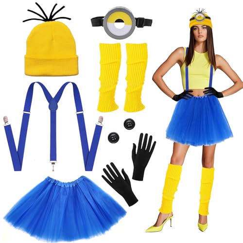 Lot de 7 costumes jaunes pour adultes et enfants, comprenant lunettes, chapeau, gants, chaussettes, jupe boutonnée, fête mondiale, carnaval