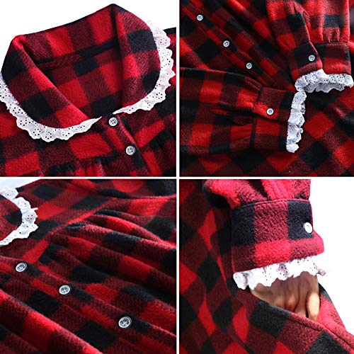 Colorfulleaf Women's Plaid Fleece Nightgowns Christmas Nightshirt Lace Trim Long Sleeve House Dress With Pockets (Red, Xl) #TOP1