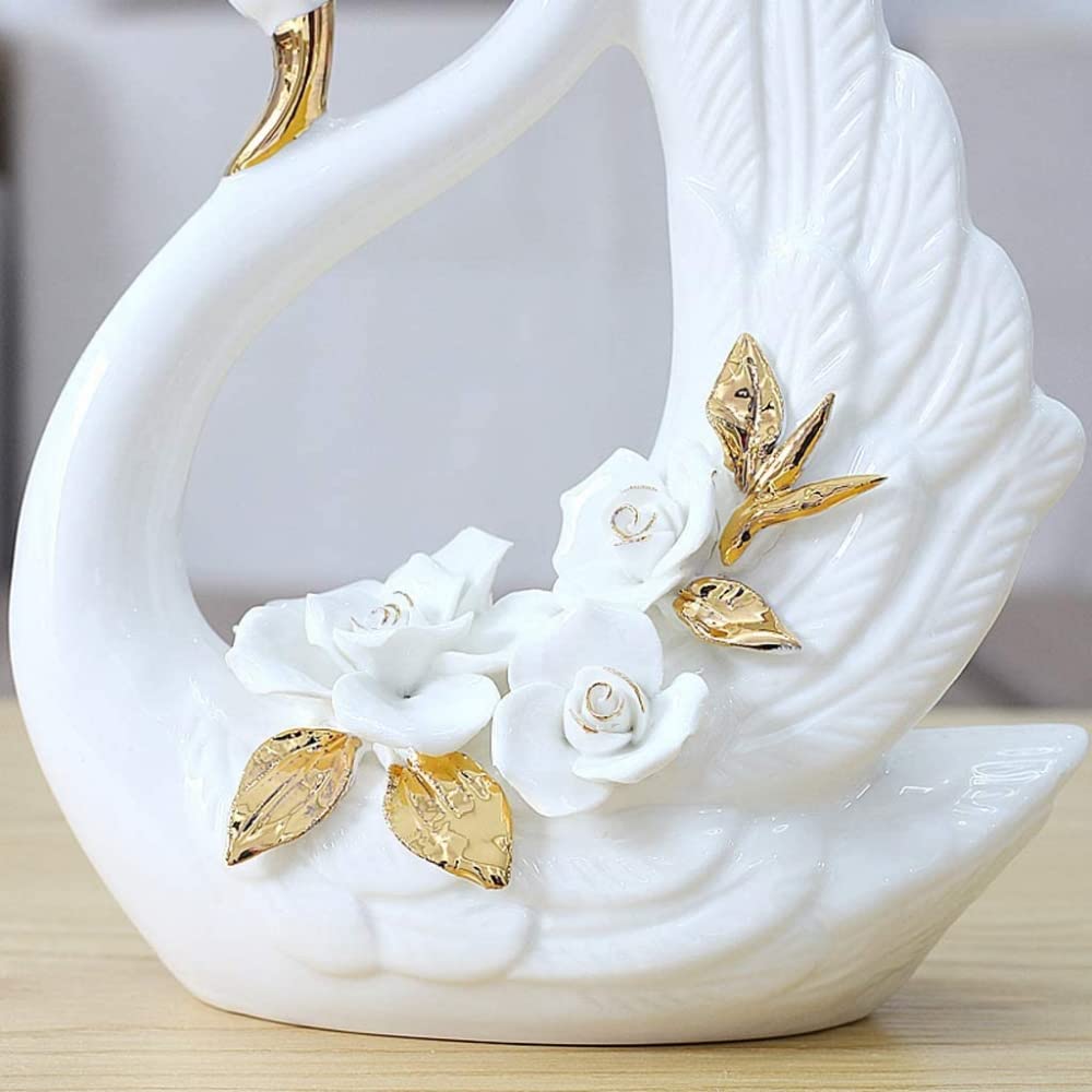 2 Pezzi Statua di Cigno in Ceramica Cigno Bianco Nero