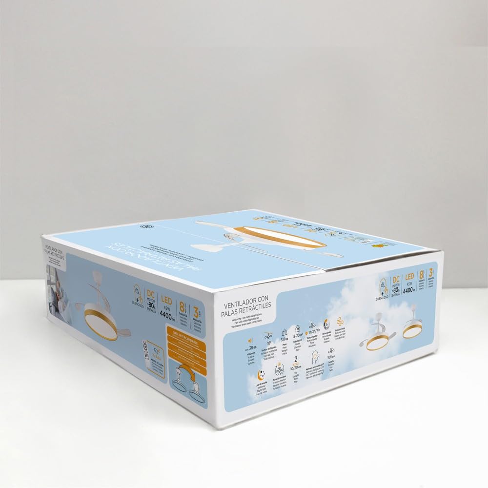 wonderlamp - Ventilador de techo silencioso con aspas retráctiles, Ventilador de techo con Luz Cosmatos 45W CCT Dim 3000-4000 - 5000K, 4400lm
