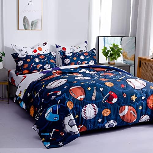 Wajade Sports Comforter Set Bed in A Bag Queen Size 7 Piece 3D Soccer Basketball Baseball Football Bedding Set for Kids Boys (1 Comforter, 1 Flat Sheet, 1 Fitted Sheet, 2 Pillowcase and 2 Pillow Sham) 3 516VXfP3kOL. AC