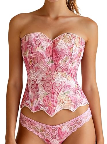 bslingerie Bustier en patchwork avec bordure en dentelle florale transparente pour femme, rose, X-Large