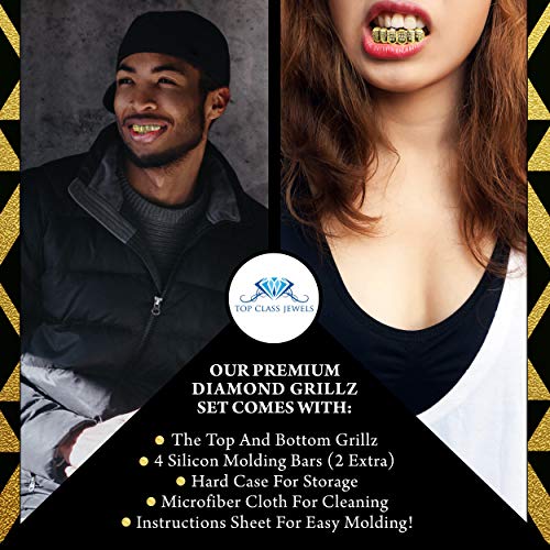24K Plated Joker Gold Grillz for Mouth Top Bottom Hip Hop Teeth Grills for Teeth Mouth + 2 Extra Molding Bars + Microfiber Cloth (Gold CZ)