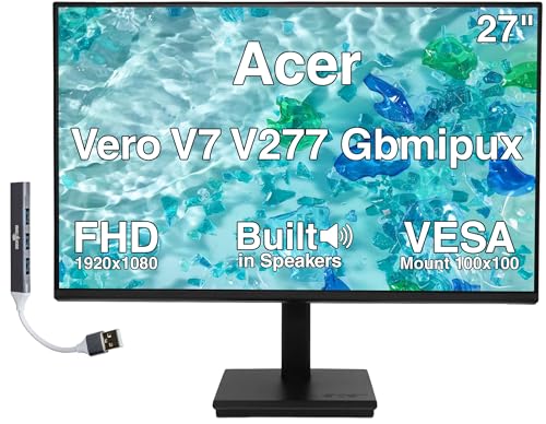 Image of Acer Vero V277 27 inch FHD USB-C Monitor with Speakers, Anti-Glare | VESA Mount (100mm), Displayport, HDMI & Dockztorm USB Port Expander, Black Color (UM.HV7AA.G10)