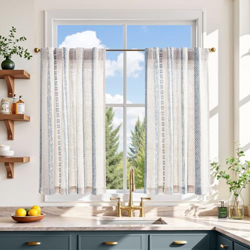 jinchan Boho Kitchen Curtains 36 Inch Linen Tier Curtains with Geometric Pattern Bohemian Cafe Small...