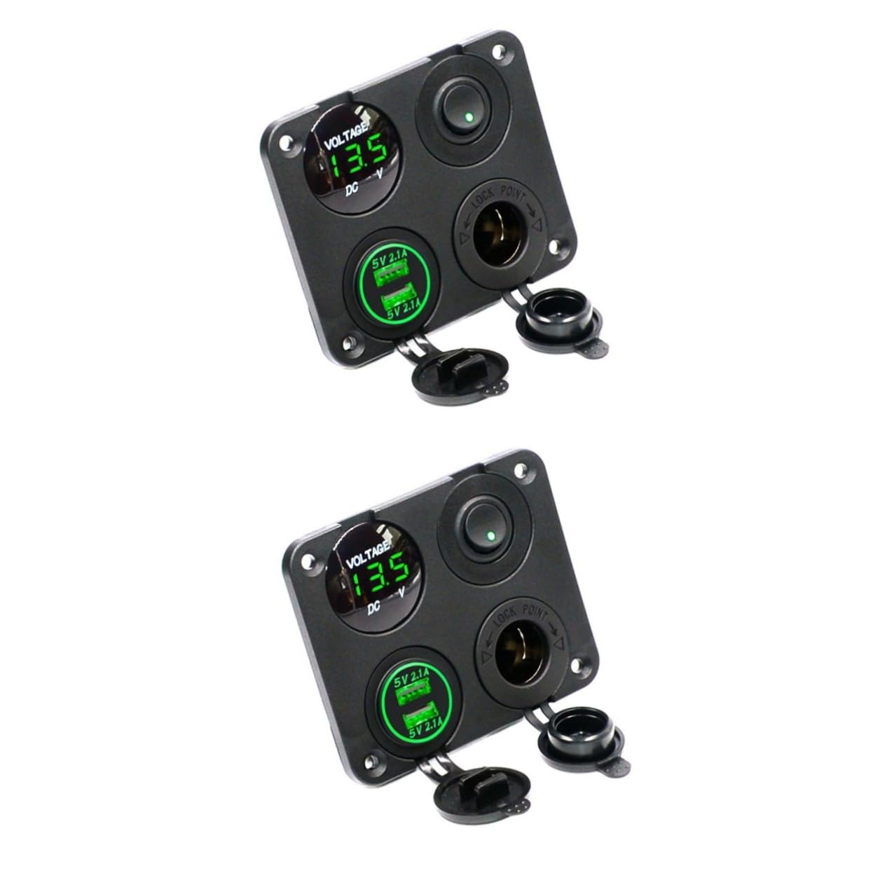 Housoutil Cargador de Coche 4 en 1 de 12- V Convertidor de 2 1 a Usb Voltímetro de Panel 4 en 1 Led Verde para Caravana Camión Autocaravana