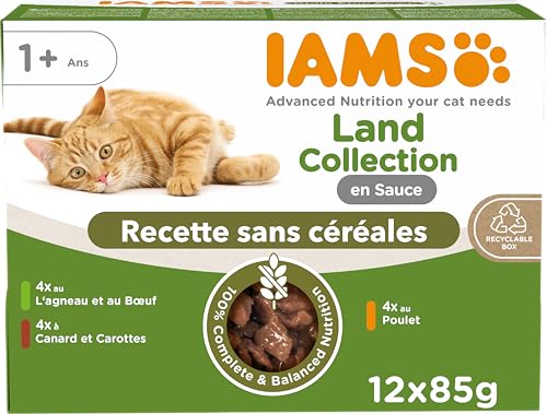 IAMS Delights Land Collection Nourriture Humide pour Chat sans céréales – Multipack avec Viande, variétés en Sauce, Nourriture Humide sans céréales pour Chats à partir de 1 an, 12 x 85 g