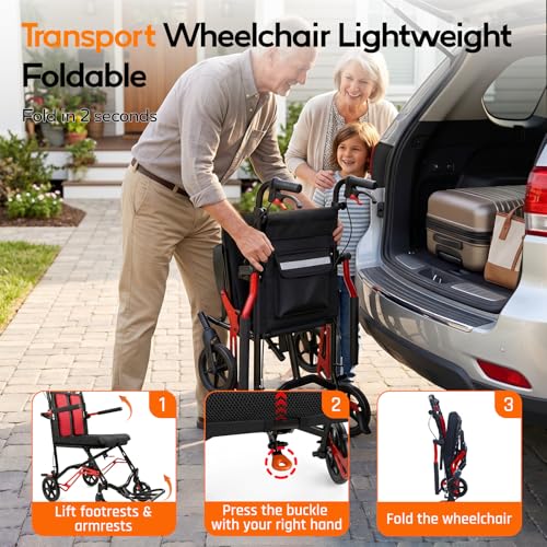 Rollstühle für Erwachsene, Transportrollstuhl, leicht, faltbar (nur 1 Sekunde), ultraleichter Rollstuhl mit Nach Hinten Faltbare Armlehnen, Aluminiumrahmen, ideal für Senioren und Reisen